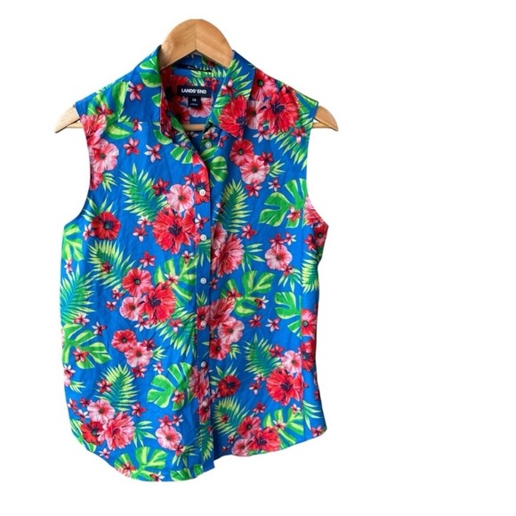 Lands End Shirt Top Blouse Button Up Sleeveless Tropical Floral Supima Cotton 14 - Picture 2 of 7